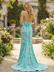 Turquoise Floral Brocade Halter Prom Dress with Back Bow