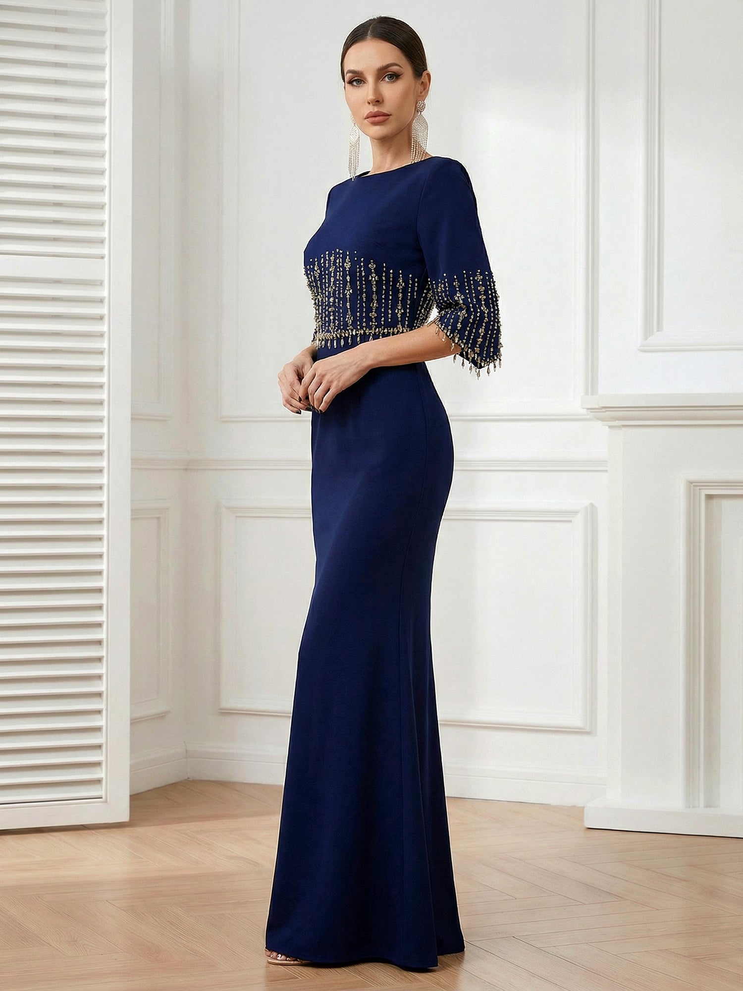 Navy Blue O Neck Half Sleeves Mermaid Satin Evening Dress with Beads
