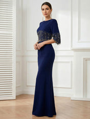 Navy Blue O Neck Half Sleeves Mermaid Satin Evening Dress with Beads