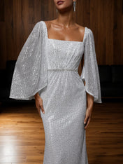 Silver Rhinestone Sequin Square Neck Three Quarter Sleeve Sheath Gown Dress