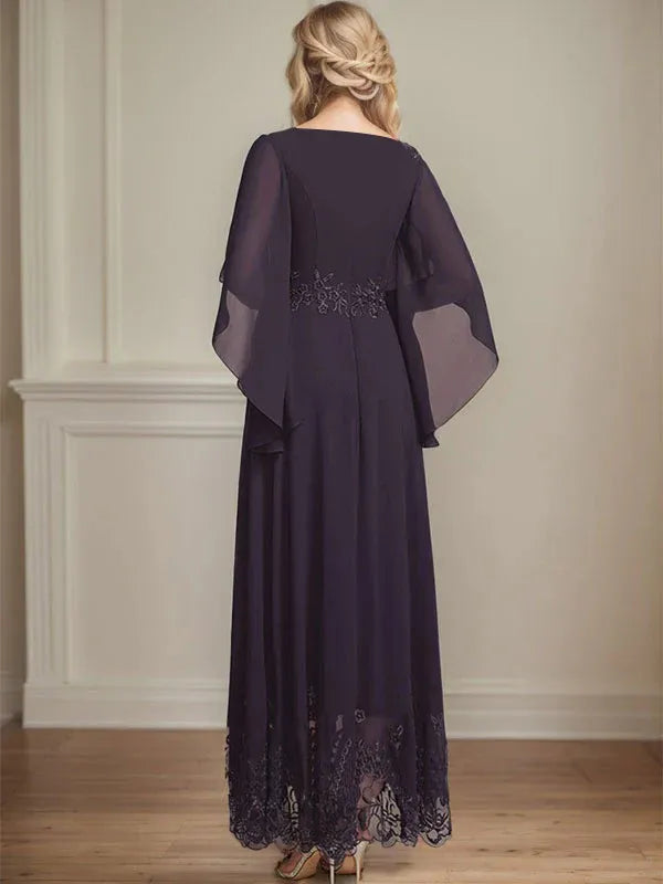 Robe de mère de la mariée trapèze en mousseline de soie et dentelle, longueur cheville, décolleté en V, illusion, avec paillettes 