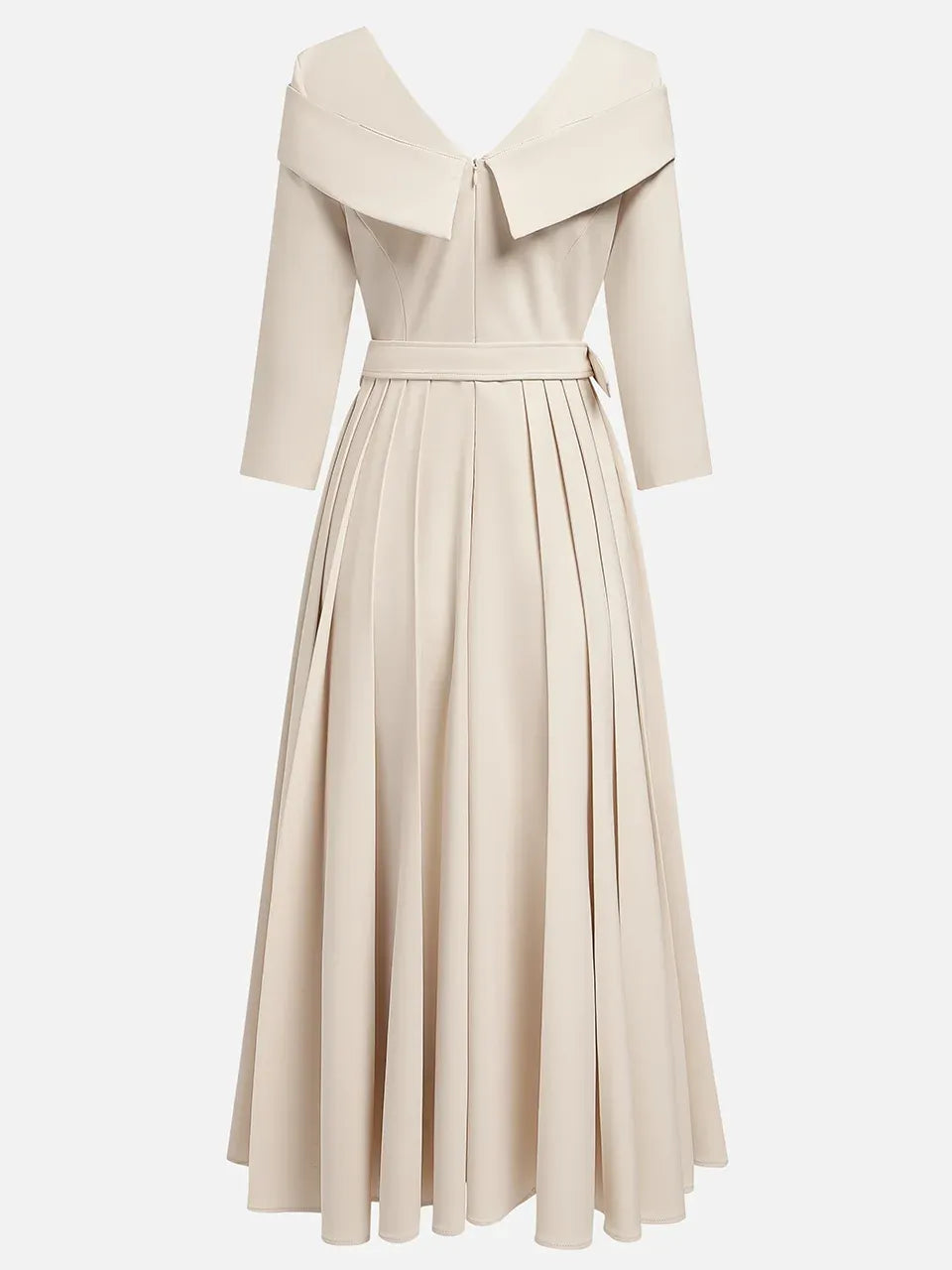 Off White Pleated Ruched Three Quarter Sleeve A-Line Maxi Dress