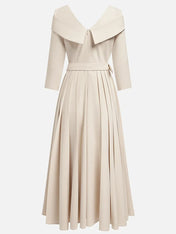 Off White Pleated Ruched Three Quarter Sleeve A-Line Maxi Dress