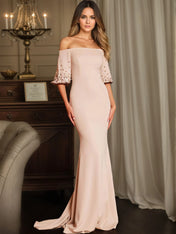 Off-Shoulder Half-Sleeve Beaded Mermaid Maxi Gown Formal Evening Dress