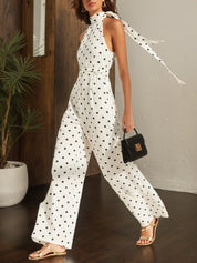 Women White Polka Dots Bow Halter Sleeveless Dressy Jumpsuit