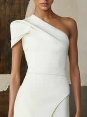 Women White Ruched One Shoulder Short Sleeve Regular Sleeve Dressy Top with Pants Two-Piece Set