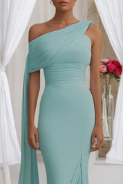 Formal Evening Dress Light Blue One Shoulder Draped Slit Floor Dress