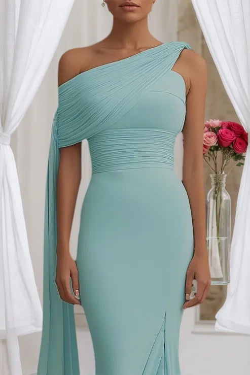 Formal Evening Dress Light Blue One Shoulder Draped Slit Floor Dress