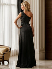 Black One-Shoulder Chiffon Ruffled Beaded Maxi Evening Dress