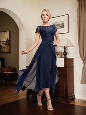A-line Scoop Illusion Asymmetrical Chiffon Lace Mother of the Bride Dress With Bow Ruffle Sequins