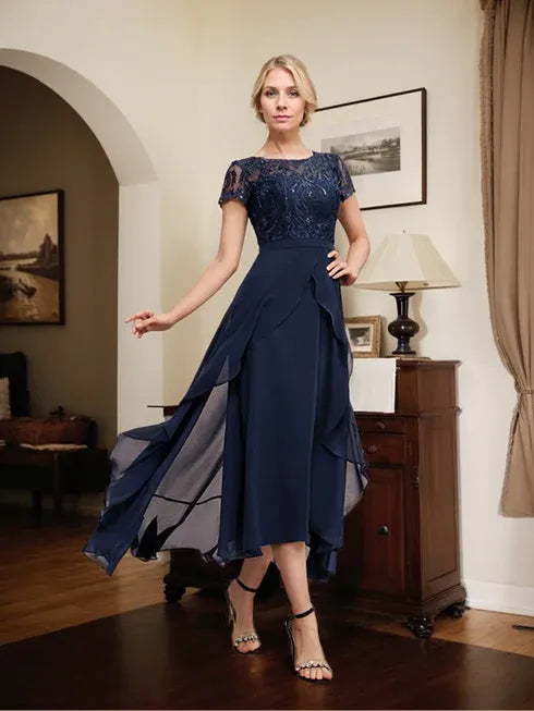 Dreamylily A-line Scoop Illusion Asymmetrical Chiffon Lace Mother of the Bride Dress With Bow Ruffle Sequins