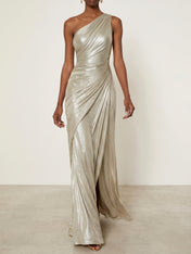 Evening Formal Dress One Shoulder Silk Ruffles Maxi Dress