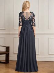 Robe de mère de la mariée trapèze, col en V, longueur au sol, en mousseline de soie et dentelle, avec sequins plissés 