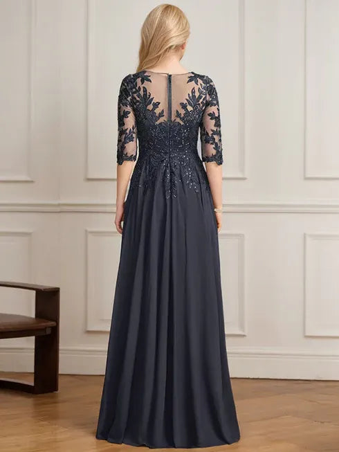 Robe de mère de la mariée trapèze, col en V, longueur au sol, en mousseline de soie et dentelle, avec sequins plissés 
