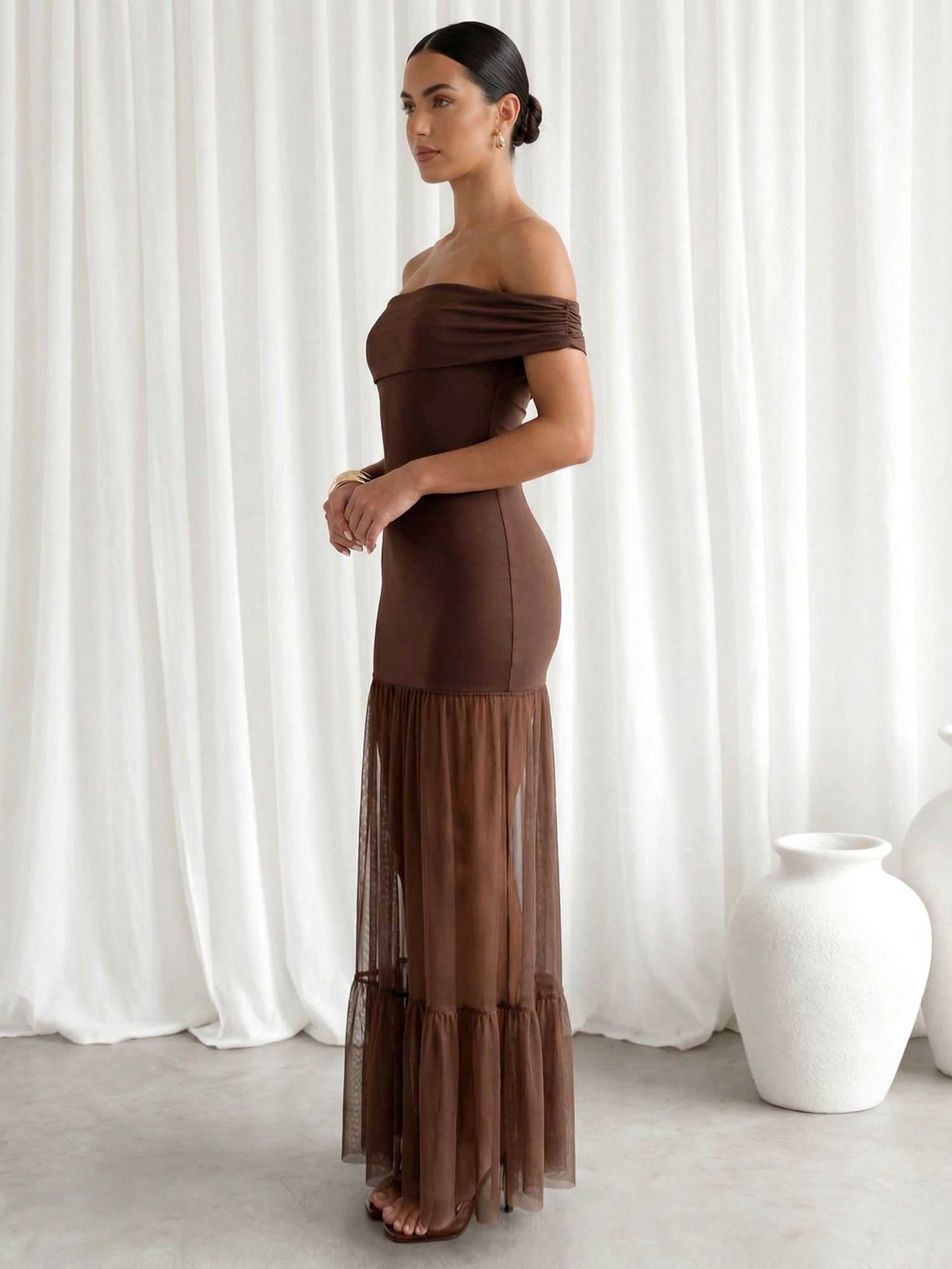 Brown Off the Shoulder Mermaid Maxi Dress with Ruffle