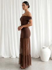 Brown Off the Shoulder Mermaid Maxi Dress with Ruffle