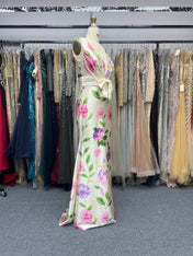 White Bow Floral V Neck Sleeveless Mermaid Gown Satin Dress