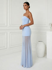 Light Blue Strapless Mermaid Chiffon Maxi Dress with Pleat