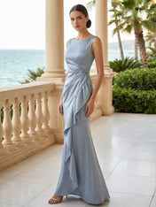 Dusty Blue Scoop Neck Evening Dress with Ruffle Mermaid Maxi Dress