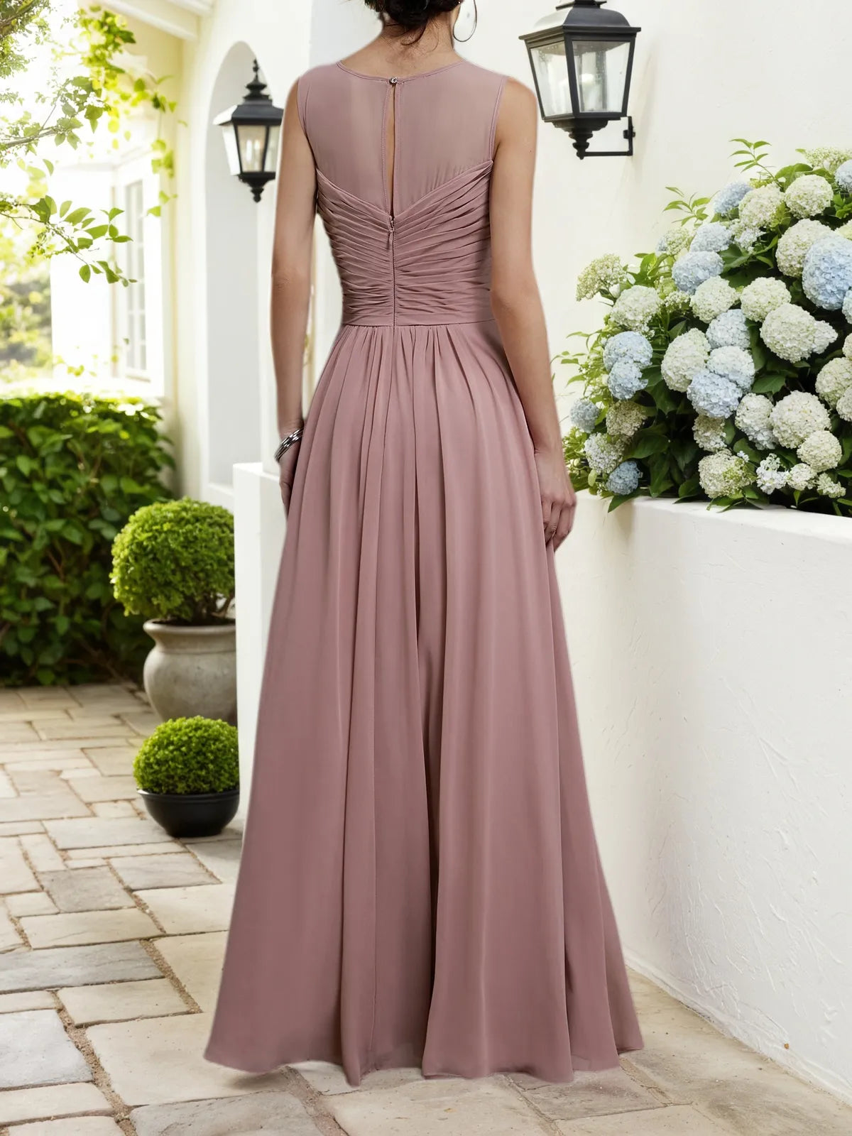 Pink Ruched Chiffon Crew Neck Sleeveless A-Line Maxi Bridesmaid Dress