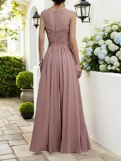 Pink Ruched Chiffon Crew Neck Sleeveless A-Line Maxi Bridesmaid Dress