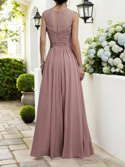 Pink Ruched Chiffon Crew Neck Sleeveless A-Line Maxi Bridesmaid Dress