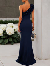 Navy Blue 3D Floral Classic One Shoulder Sleeveless Mermaid Gown Dress