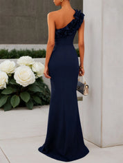 Navy Blue 3D Floral Classic One Shoulder Sleeveless Mermaid Gown Dress