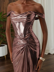 Dark Rose Glod Metallic Ruched Satin Off The Shoulder Sleeveless Sheath Corset Maxi Dress