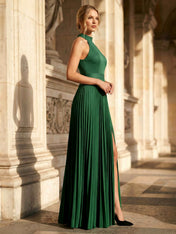 Emerald Green Halter High Neck Pleated Maxi Gown with High Slit and Pockets