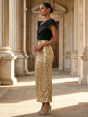 Black and Gold One Shoulder Ruched Sequin Maxi Evening Dress
