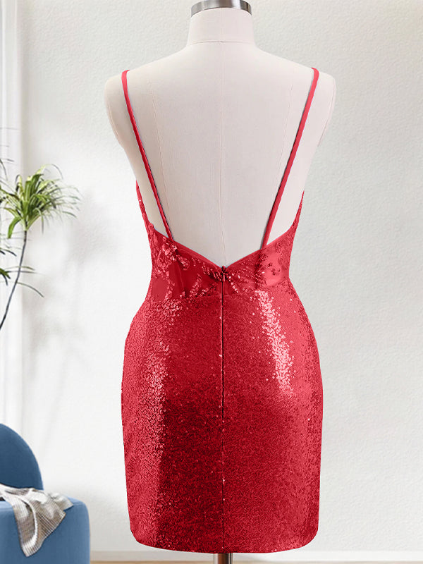 Red Spaghetti Straps Beaded Lace Applique Homecoming Dress