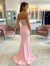 Pink Pearl Beaded Long Corset Prom Dress with Slit
