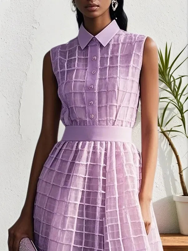 Lavender Purple Buckle Shirt Dress Shirt Collar Sleeveless A-Line Midi Dress