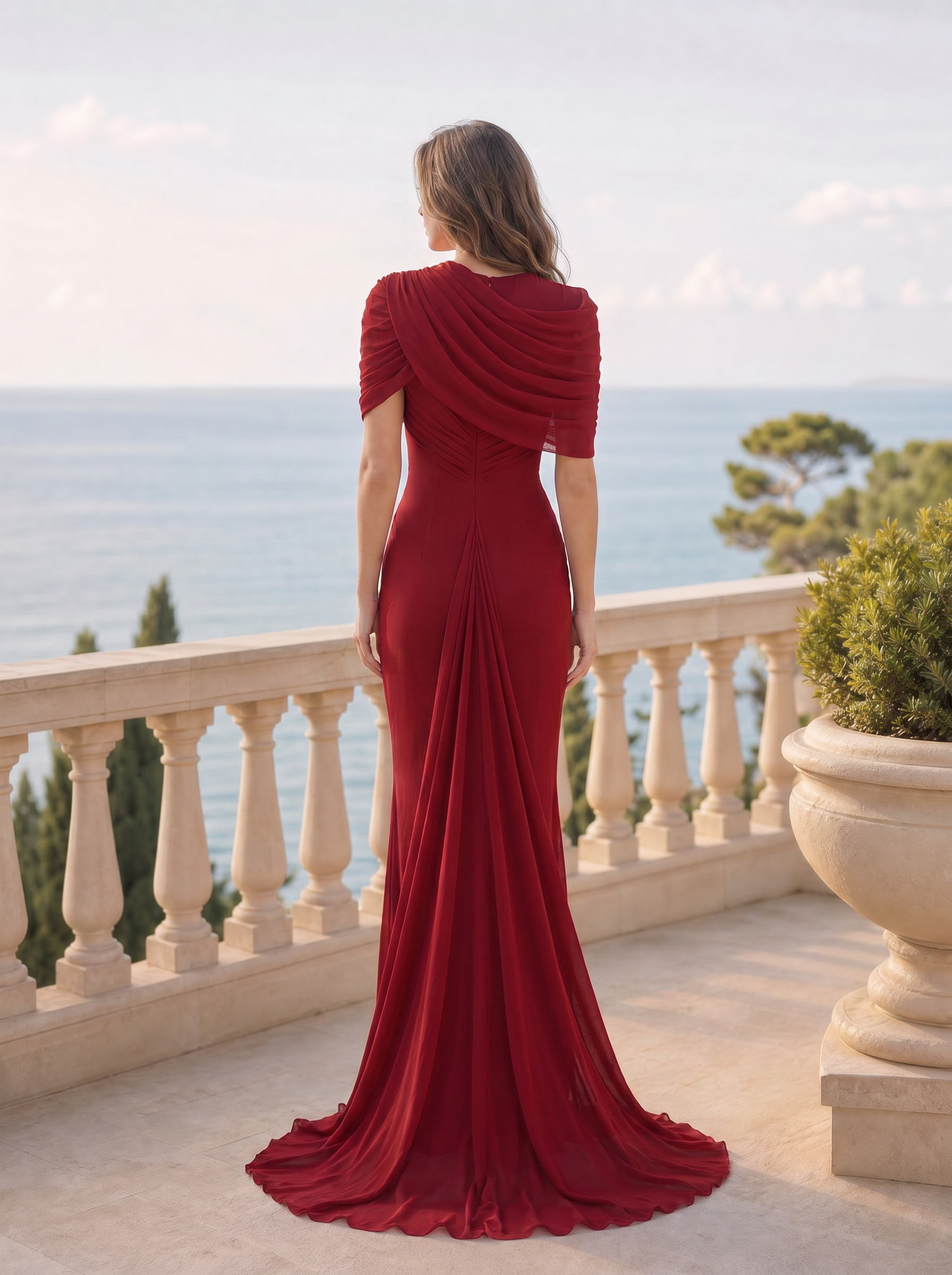 Draped Shoulder-Cape Wine Red Chiffon Floor-Length Evening Dresses with Ruched Back