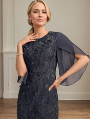 Sheath/Column Scoop Tea-Length Lace Chiffon Mother of the Bride Dress