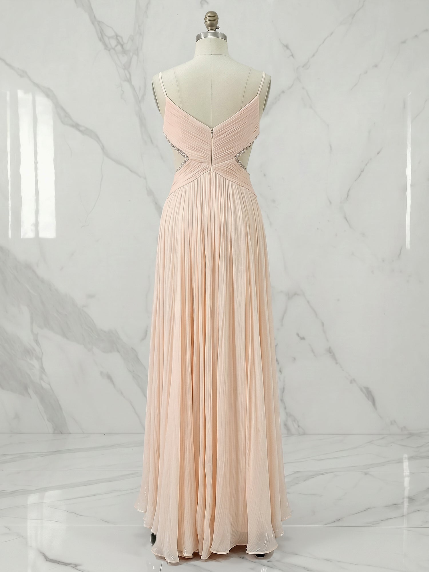 Radiant Blush Champagne Pleated Cutout Maxi Formal Evening Gown