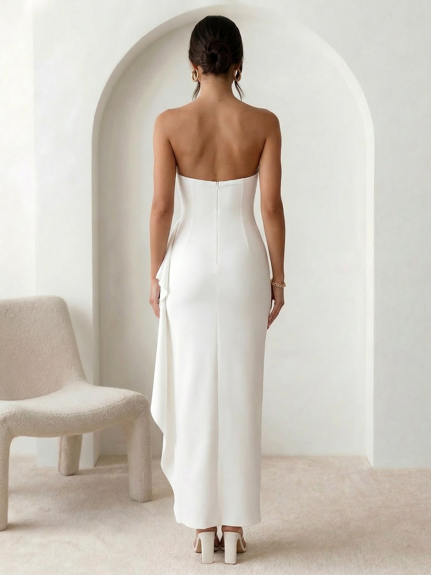 White Strapless Mermaid Chiffon Ankle Length Maxi Dress with Ruffle