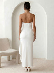 White Strapless Mermaid Chiffon Ankle Length Maxi Dress with Ruffle