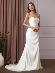 White Mermaid Pleated Stretch Satin Wedding Dress