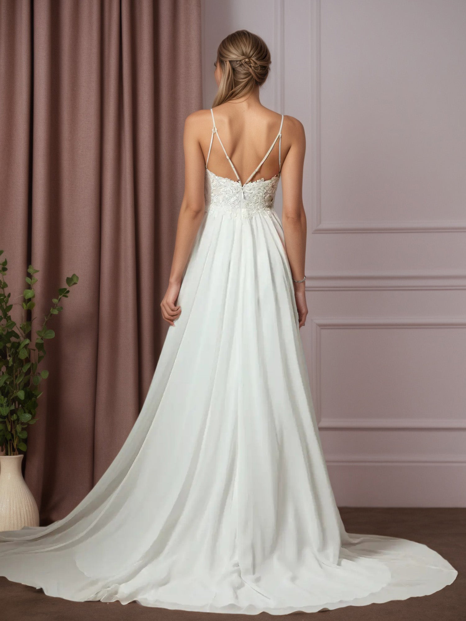 White A-Line Lace Chiffon Wedding Dress