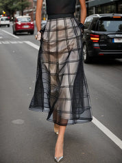 Black Mesh Plaid Classic Mock Neck Sleeveless A-Line Midi Dress