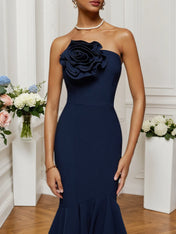 Dark Blue 3D Floral Strapless Mermaid Midi Dress