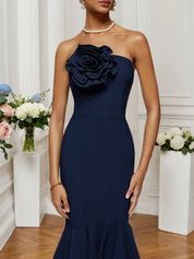 Dark Blue 3D Floral Strapless Mermaid Midi Dress