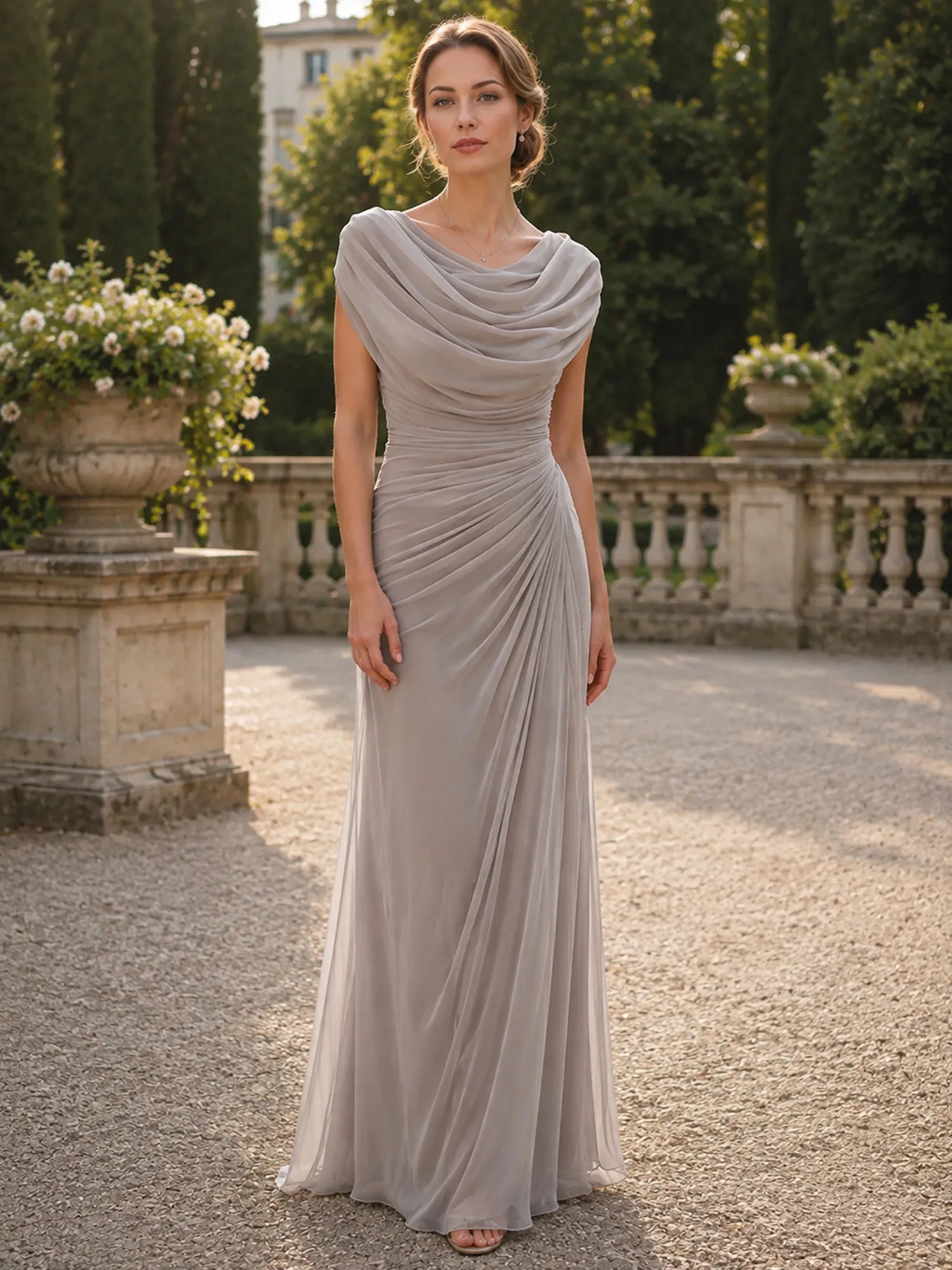Cowl Neck Mermaid Evening Dresses with Flowing Floor-Length Skirt