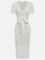 White Bow Lace V Neck Short Sleeve Sheath Midi Dress