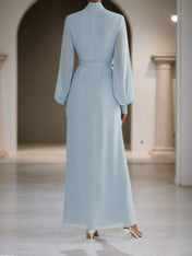 Light Blue Chiffon Mock Neck Long Sleeve Balloon Sleeve A-Line Maxi Dress