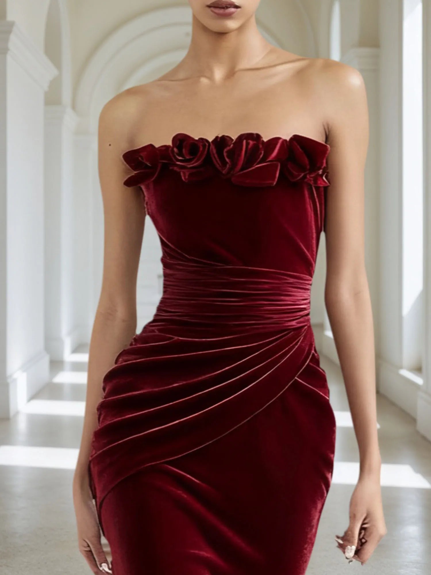 Wine Red 3D Floral Velvet Strapless Sleeveless Sheath Maxi Dress