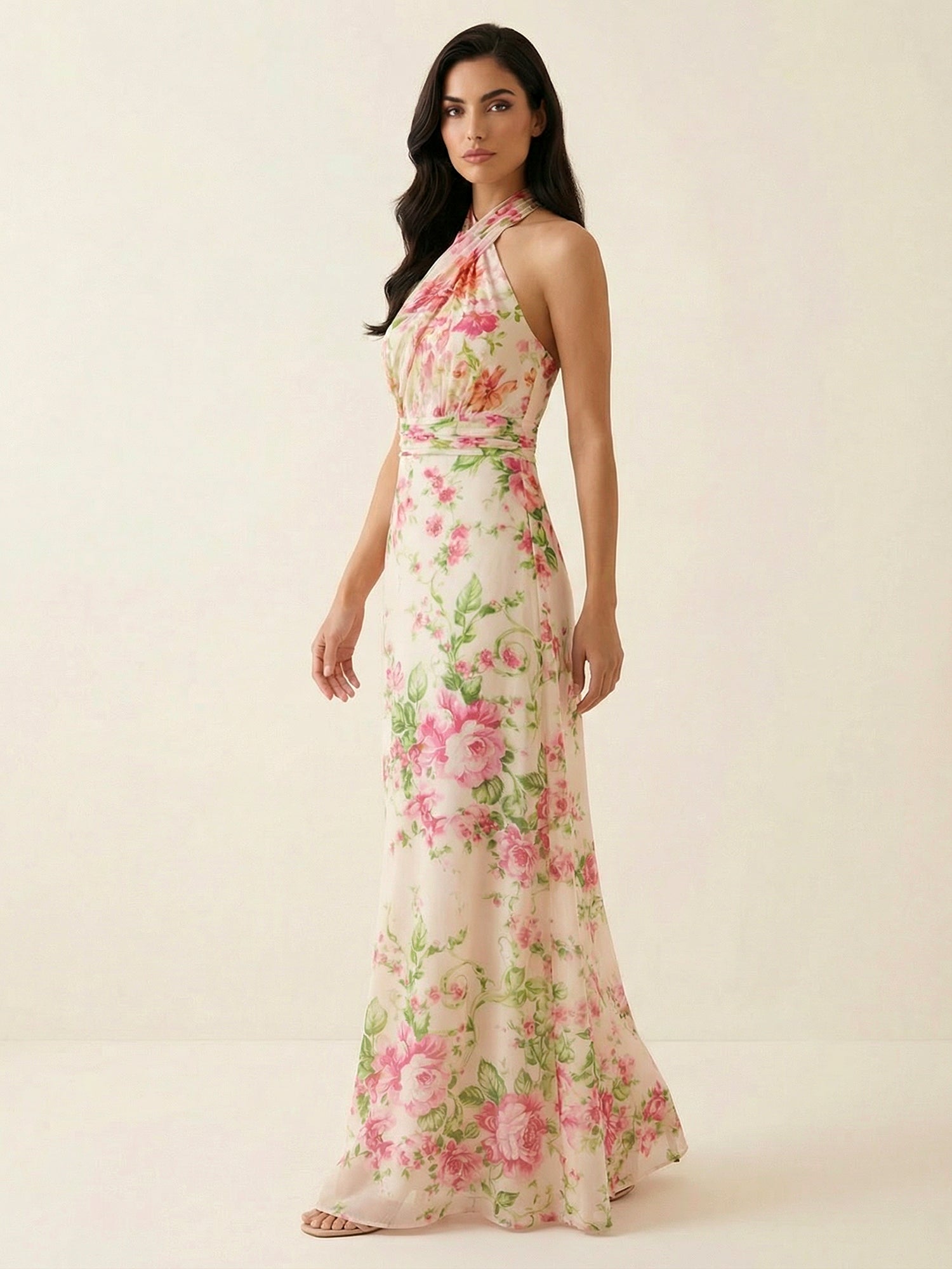 Pink Floral Print Halter Neck A-Line Maxi Dress