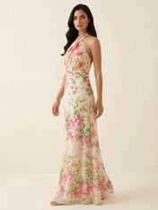 Pink Floral Print Halter Neck A-Line Maxi Dress